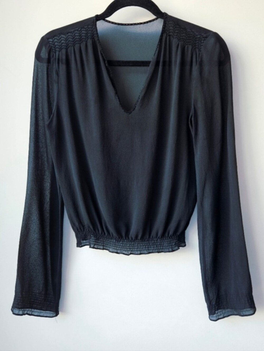 Roberto Cavalli Black Sheer V-Neck Slight Belle Sleeve Smocked Blouse